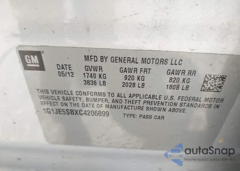 2012 Chevrolet Sonic 2Lz z USA, uszkodzony, nr VIN 1G1JE5SBXC4206899